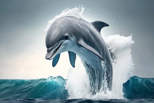 Swimming dolphin jumping above sea ocean, mammal beautiful underwater natural background Generative AI