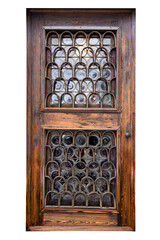 vintage wooden door with glass windows and metallic decorative railing isolated on white