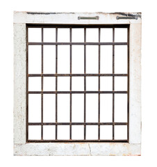 vintage square window with stone marble frame protected with metallic railing bars isolated on white