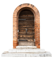 vintage wooden doors with classic brick pattern archway and wide marble stone stairs isolated on white