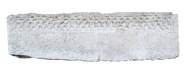 large long antique plaque of stone carved with weathered fading pattern and ragged edges isolated...