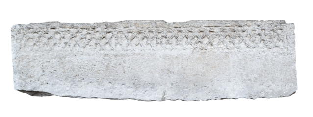 large long antique plaque of stone carved with weathered fading pattern and ragged edges isolated on white