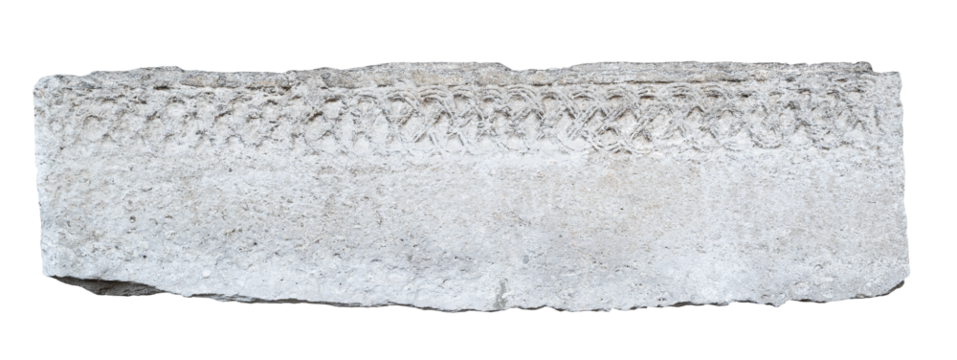 large long antique plaque of stone carved with weathered fading pattern and ragged edges isolated on white