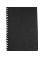 closed notebook cover with metal spiral and black blank pages isolated on white