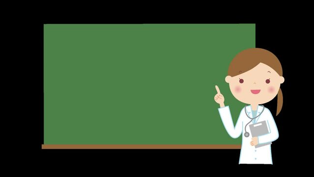黒板の前に立って説明する女性医師
