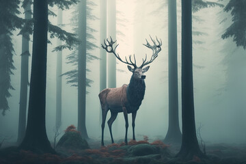 Deer in the foggy forest. AI