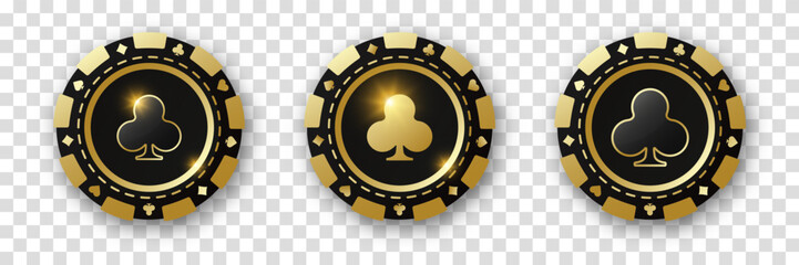 Clubs suit chips. Set of gold and black and poker chips. Gambling tokens with suits for poker and casino and roulette. Vector illustration. For game design, advertising web banner and poster.