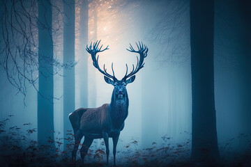 Deer in the foggy forest. AI
