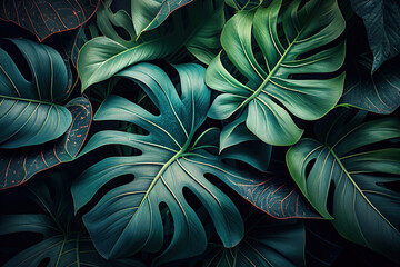 Tropical forest leaves form an elegant green background. Ai generative.