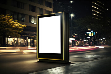 Obraz na płótnie Canvas Exhibition light stand on the streets of the night neon city, light box for advertising, signboard. AI