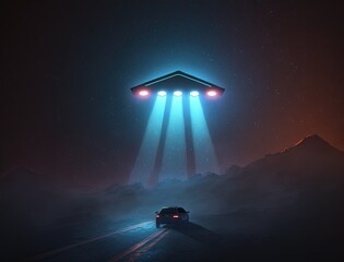 Black triangle UFO with neon lights above car on road, unidentified flying object triangle shape in night sky, secret military aircraft developments. UFO hovered above car on highway, generative AI