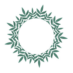 Round frame wreath of tropical leaves with sharp contours in green isolated on white background