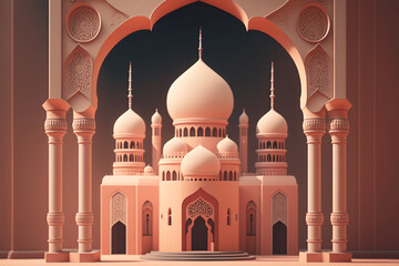 the grandeur of a mosque with a minimalist illustration that features a solid background. Focus on the intricate details of the mosque's architecture and use a muted color scheme Generative AI