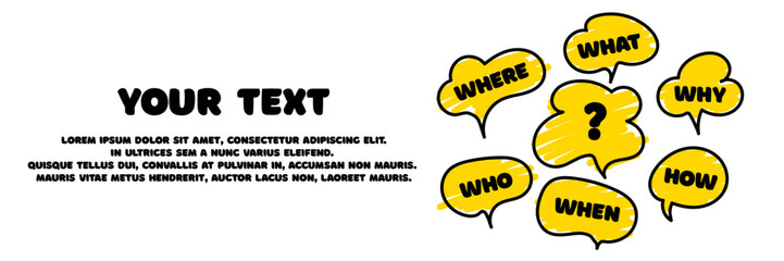 Brainstorming concept. Many questions. Collective problem solving. What, how, why, for what and where. Place for your text. Business web banner. Vector illustration.