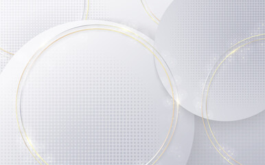 Abstract gradient white and gray template of tech circle decoration with rounded halftone. Overlapping with golden round decoration background. - 573253947