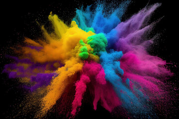 A cloud of colored holi powder on a black background. Ai generativ