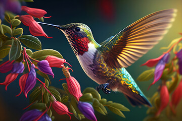 A beautiful color hummingbird drinks nectar from a flower. Ai generative