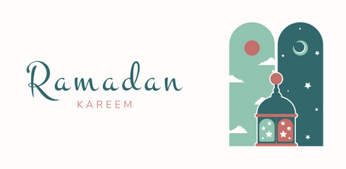 Islamic greeting card with arabic lamp and inscription in Arabic Ramadan Mubarak . Vector holiday illustration in green colors for greeting card, poster and banner.