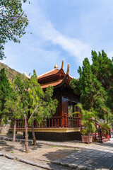 The beautiful morning at the Golden Buddha holding a lotus flower at Chon Khong Monastery attracts tourists to visit on weekends in Vung Tau. Travel concept