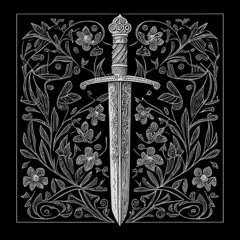 Fotobehang Elegant sword floral ornament line art drawing, featuring intricate details that blend the strength of a sword with the beauty of floral elements © AGSTRONAUT