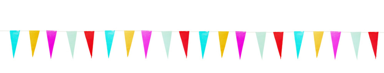 Carnival party, garland, colorful triangle flag hanging at string on white background. Banner.