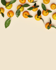 Ripe fresh orange yellow tangerines with green leaves on pastel beige background, copyspace. Citrus fruits mandarines as minimal food frame background, empty space, flat lay, still life vertical