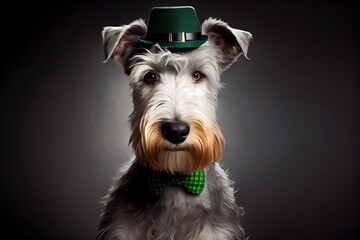 Dog portrait in a leprechaun hat. St. Patrick's Day. Generative Ai Art.
