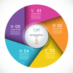 Vector infographic circle. Cycle diagram with 5 steps. Round chart that can be used for report, business analytics, data visualization and presentation.