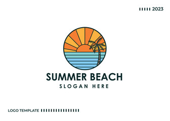 Outdoor scene design with ocean and sun isolated with white background