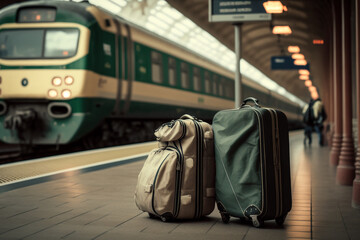 travel by train, travel suitcases baggage with luggage at the railway station . illustration Generative AI