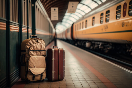 travel by train, travel suitcases baggage with luggage at the railway station . illustration Generative AI