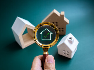 House online search, property survey, buying, selling and real estate concepts. Digital home symbol...