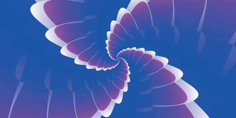 Abstract beautiful wide horizontal flower spiral illustration with multicolored gradient blue, magenta sharp triangular petals in different sizes. Spiral flower pattern effect.