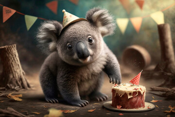 Koala celebrates birthday party birthday card AI generated Content