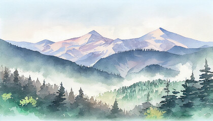 A mountain range with snow-capped peaks, set against a clear blue sky, ai illustration