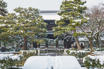 雪の京都 建仁寺 三門と境内の雪景色