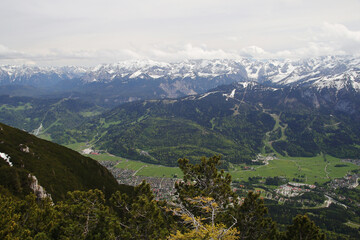 Naklejka na ściany i meble View from Kramerspitz mountain to Garmisch-Partenkirchen, Upper Bavaria, Germany