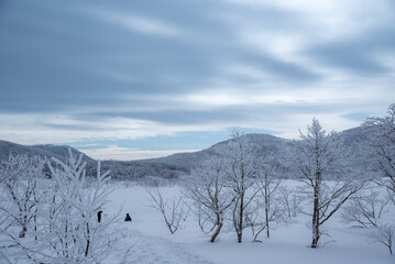 雪で覆われた雄国沼