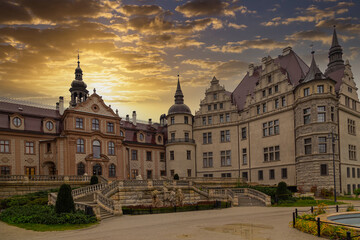 Fototapeta na wymiar The ancient Moszna castle and palace outdoors, closeup. Poland