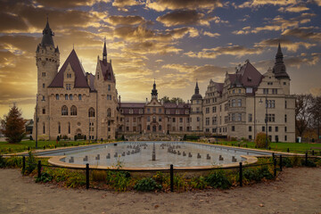 The ancient Moszna castle and palace outdoors, closeup.  Poland