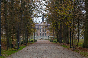 Old park. Ancient Moszna castle and palace outdoors, closeup. Poland