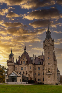 The ancient Moszna castle and palace outdoors, closeup. Poland