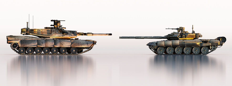 American tank Abrams M1 vs russian T-90. NATO military aid to Ukraine army. Comparison of powerful modern battle tanks Abrams, T-90A. Ukraine-Russia war crisis. Combat vehicles of the USA, Russia, 3D
