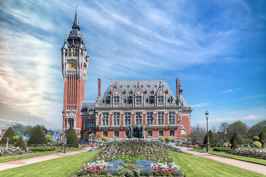 Calais, the city hall in spring, France