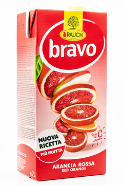 Rauch Bravo red orange juice,2 liters pack on white background
