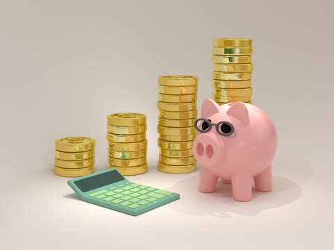 3D render, piggy bank and electronic calculator and stacks of gold coins