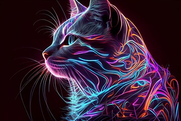 Cute cat with neon lines. Generative AI.