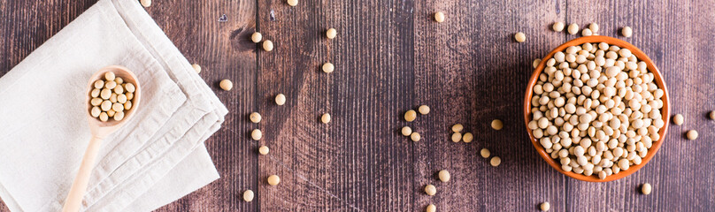 Ripe soybeans in a bowl and spoon. Vegetable protein and antioxidant. Top view. Web banner