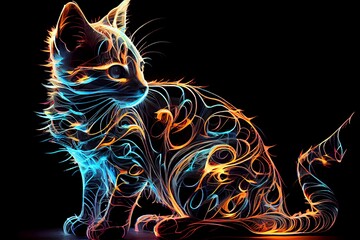 Cute cat with neon lines. Generative AI.