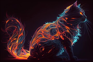 Cute cat with neon lines. Generative AI.